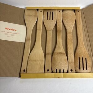 Riveira Bamboo Utensils Cooking 6 Piece Wooden Set 12‎ Inches Long NEW